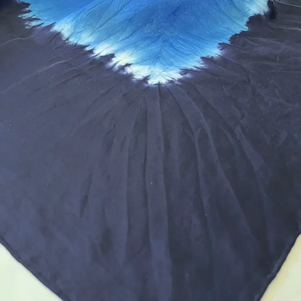 Eileen Fisher Shibori Navy Blue Turquoise Hand-Rolled Silk Scarf OOAK